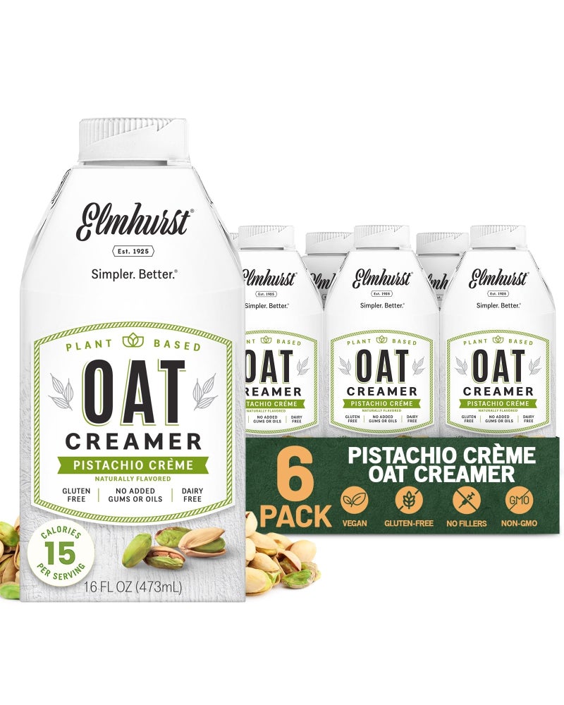 Elmhurst 1925 Pistachio Crème Oat Creamer - 16 Ounce (Pack of 6) Dairy-Free, Vegan, Kosher, Low Sugar, Shelf Stable Creamer Made with Oat Grains & Pistachios for Simpler Plant Based Alternatives - Image 1